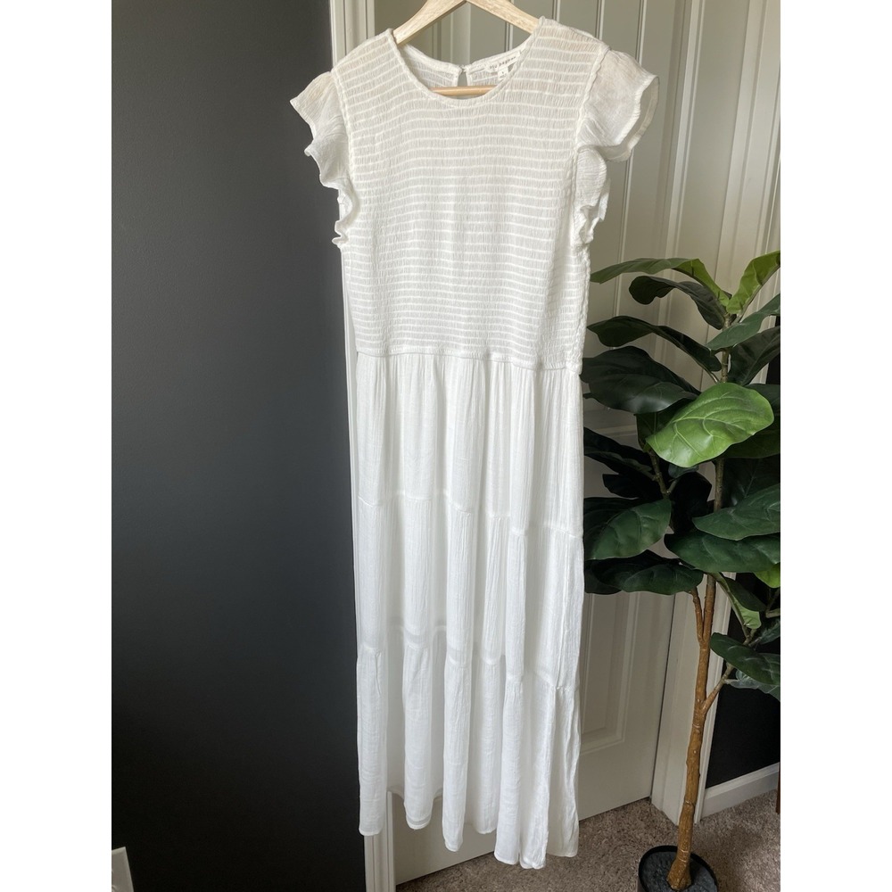 Blu Pepper White Smocked Tiered Midi Dress Flutter Sleeve Boho Sun Dress Size L